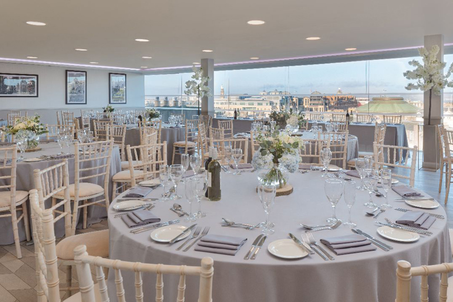 Round tables for wedding breakfast at SKYBar Doubletree Hilton Edinburgh City Centre